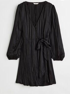 Balloon Sleeve Plisse Wrap Dress- Black - S